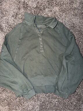 aerie Olive Green Snap-Front Crewneck Sweater